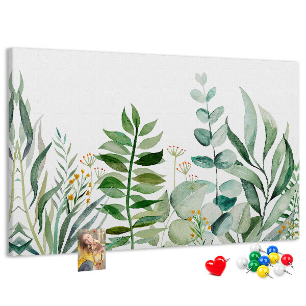 Korktafel mit Motiv tropische Blätter in zarten Farbtönen