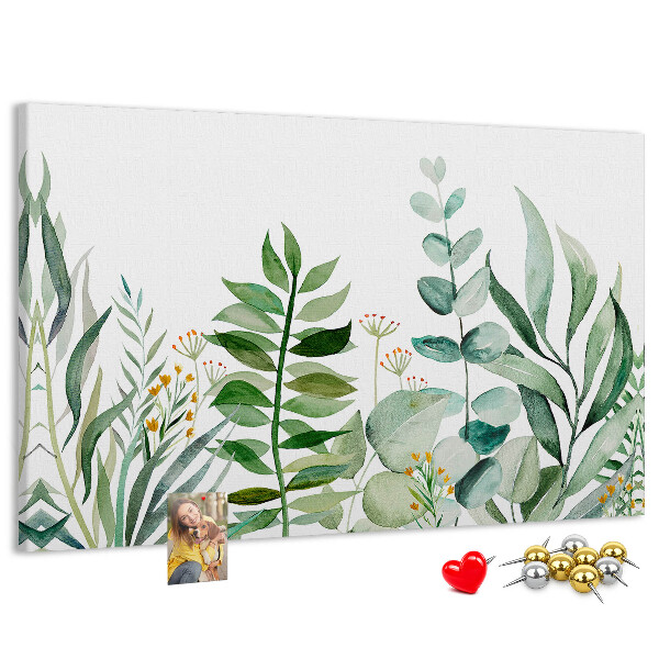 Korktafel mit Motiv tropische Blätter in zarten Farbtönen