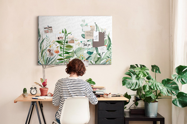 Korktafel mit Motiv tropische Blätter in zarten Farbtönen