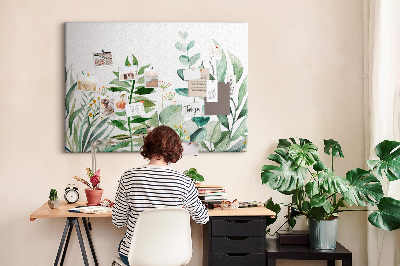 Korktafel mit Motiv tropische Blätter in zarten Farbtönen