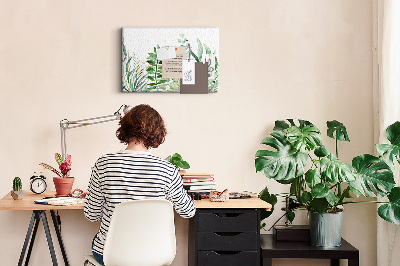 Korktafel mit Motiv tropische Blätter in zarten Farbtönen