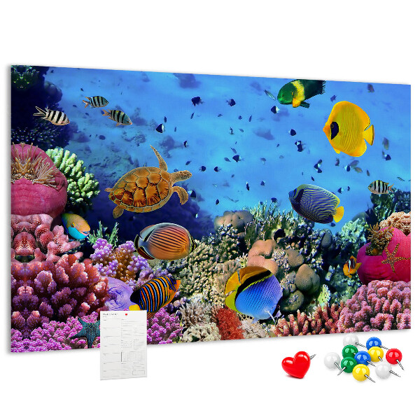 Korktafel mit Motiv einer tropischen Unterwasserwelt voller Farben und Fische