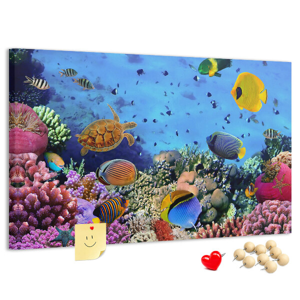 Korktafel mit Motiv einer tropischen Unterwasserwelt voller Farben und Fische
