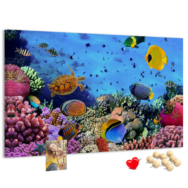 Korktafel mit Motiv einer tropischen Unterwasserwelt voller Farben und Fische