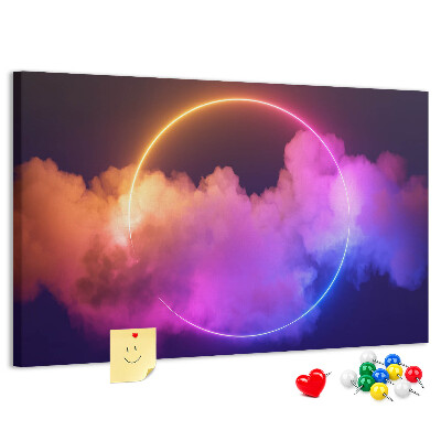 Bild mit Korkrückwand bunte Wolken mit einem Neonkreis