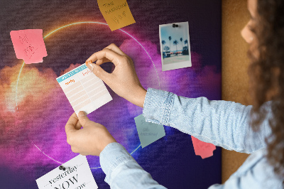 Bild mit Korkrückwand bunte Wolken mit einem Neonkreis