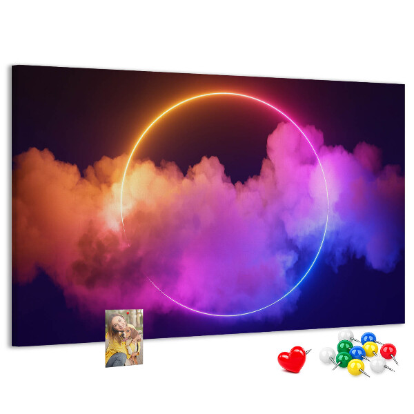 Bild mit Korkrückwand bunte Wolken mit einem Neonkreis