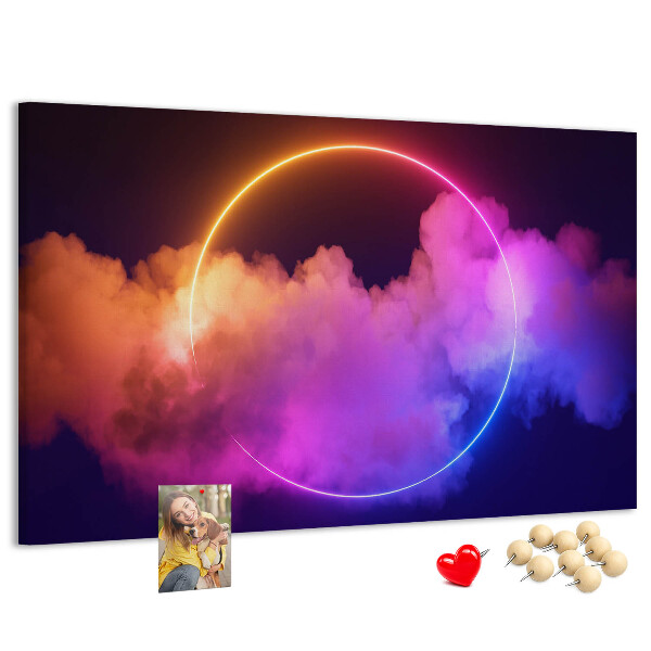 Bild mit Korkrückwand bunte Wolken mit einem Neonkreis