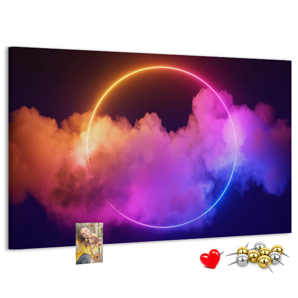 Bild mit Korkrückwand bunte Wolken mit einem Neonkreis