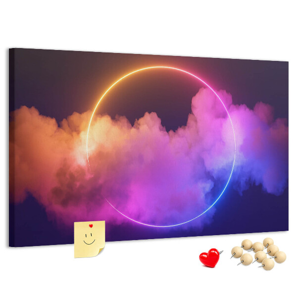 Bild mit Korkrückwand bunte Wolken mit einem Neonkreis
