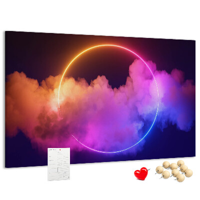 Bild mit Korkrückwand bunte Wolken mit einem Neonkreis