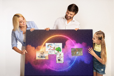 Bild mit Korkrückwand bunte Wolken mit einem Neonkreis