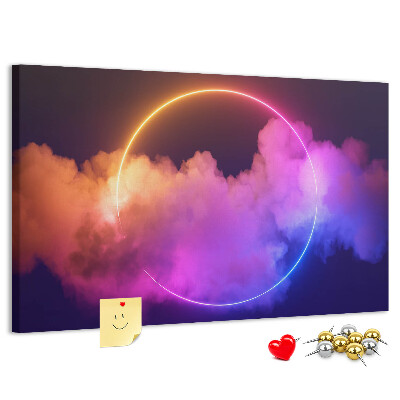 Bild mit Korkrückwand bunte Wolken mit einem Neonkreis