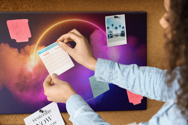 Bild mit Korkrückwand bunte Wolken mit einem Neonkreis