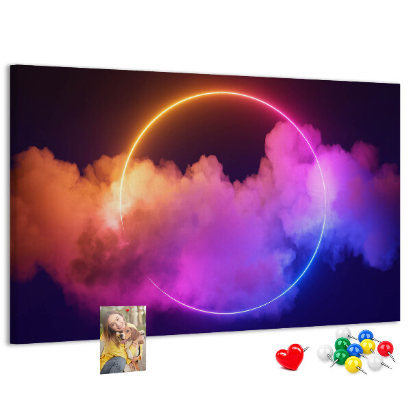 Bild mit Korkrückwand bunte Wolken mit einem Neonkreis