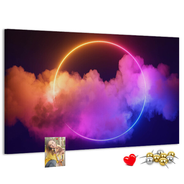 Bild mit Korkrückwand bunte Wolken mit einem Neonkreis