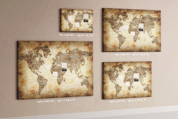 Korktafel mit Motiv einer alten Weltkarte auf Leinwand