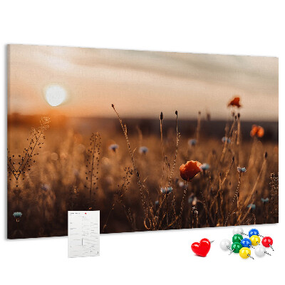 Korktafel mit Motiv Goldenes Mohnfeld im Sonnenuntergang