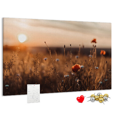 Korktafel mit Motiv Goldenes Mohnfeld im Sonnenuntergang
