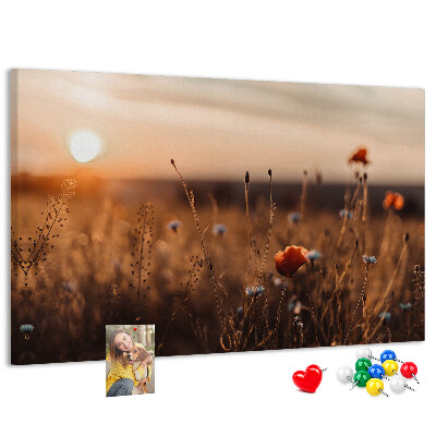 Korktafel mit Motiv Goldenes Mohnfeld im Sonnenuntergang