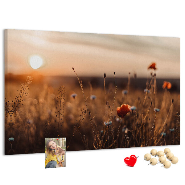 Korktafel mit Motiv Goldenes Mohnfeld im Sonnenuntergang