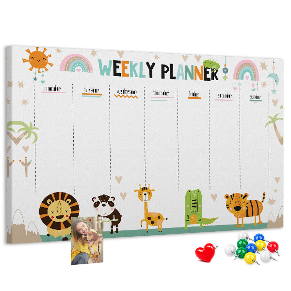 Kork-Pinnwand bunter Wochenplaner mit Tiermotiven