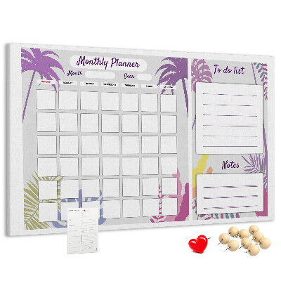 Korktafel Monatskalender mit tropischem Pflanzenmotiv
