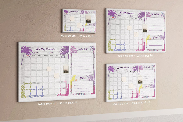 Korktafel Monatskalender mit tropischem Pflanzenmotiv