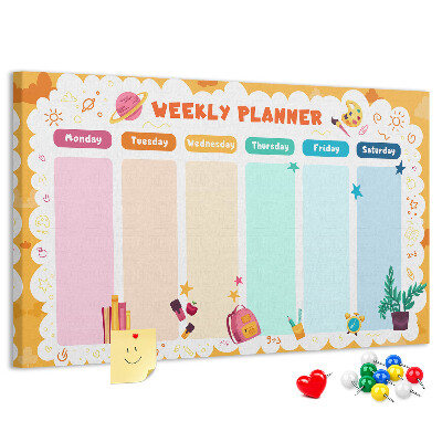 Korktafel mit farbenfrohem Schulmotiv als Wochenplaner