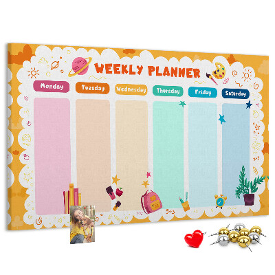 Korktafel mit farbenfrohem Schulmotiv als Wochenplaner