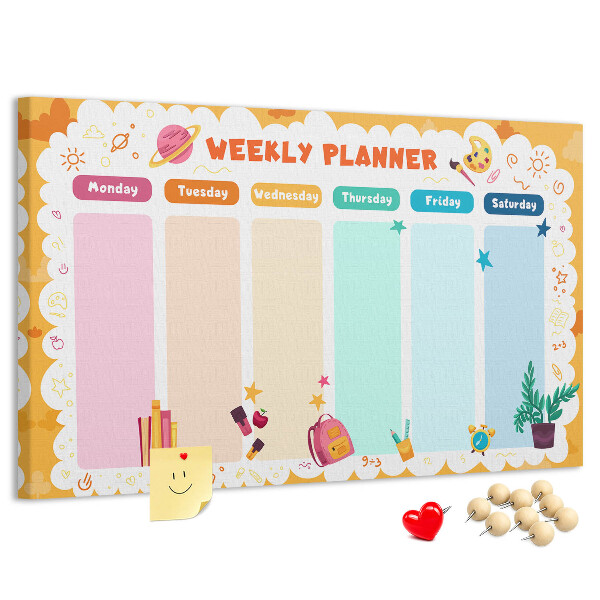 Korktafel mit farbenfrohem Schulmotiv als Wochenplaner