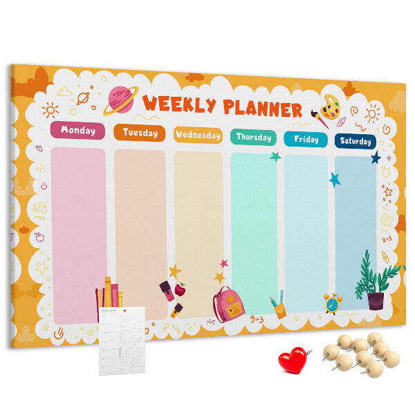 Korktafel mit farbenfrohem Schulmotiv als Wochenplaner