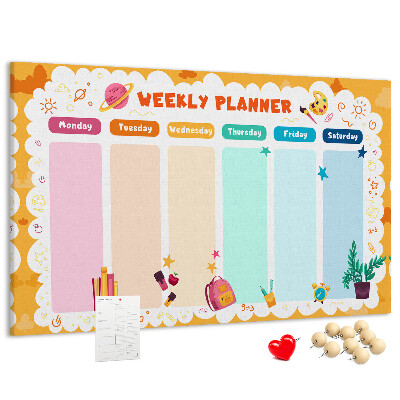 Korktafel mit farbenfrohem Schulmotiv als Wochenplaner