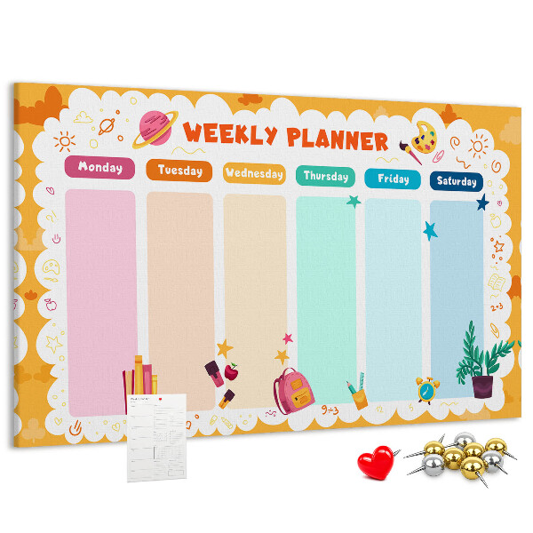 Korktafel mit farbenfrohem Schulmotiv als Wochenplaner