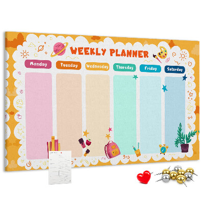 Korktafel mit farbenfrohem Schulmotiv als Wochenplaner