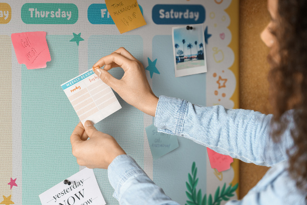 Korktafel mit farbenfrohem Schulmotiv als Wochenplaner