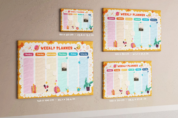 Korktafel mit farbenfrohem Schulmotiv als Wochenplaner