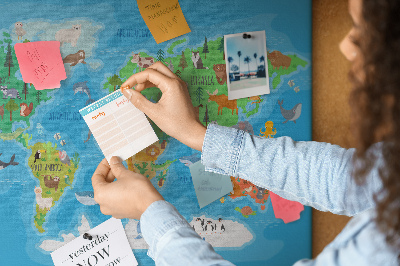 Kork-Weltkarte mit Tierillustrationen