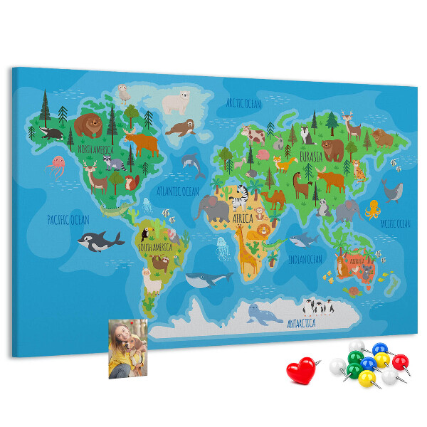 Kork-Weltkarte mit Tierillustrationen