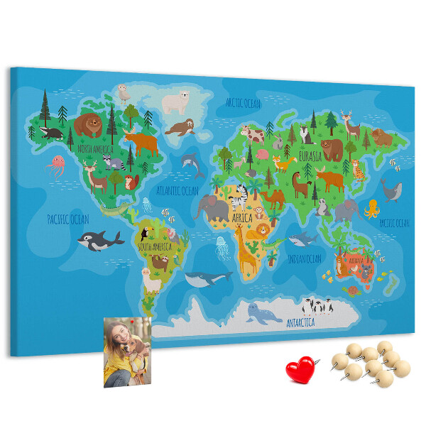 Kork-Weltkarte mit Tierillustrationen