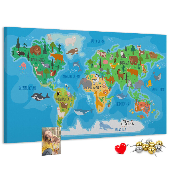 Kork-Weltkarte mit Tierillustrationen