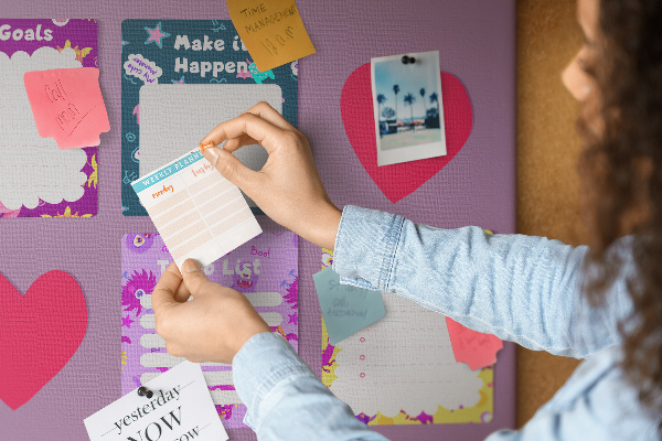 Bunte Notizbücher mit Herzmotiv mit Korkrückwand