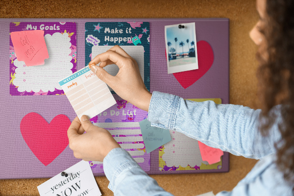 Bunte Notizbücher mit Herzmotiv mit Korkrückwand
