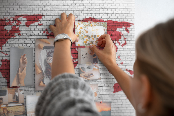 Bild mit Korkrückwand rote Weltumrisse auf einer Backsteinmauer