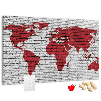 Bild mit Korkrückwand rote Weltumrisse auf einer Backsteinmauer
