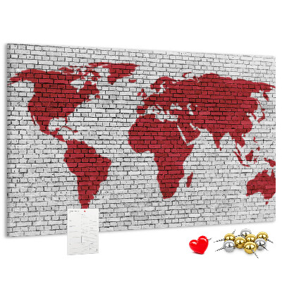 Bild mit Korkrückwand rote Weltumrisse auf einer Backsteinmauer