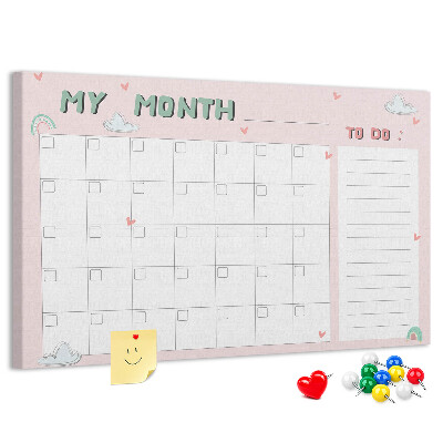 Korktafel rosa Kalender mit Wolken und Herzen
