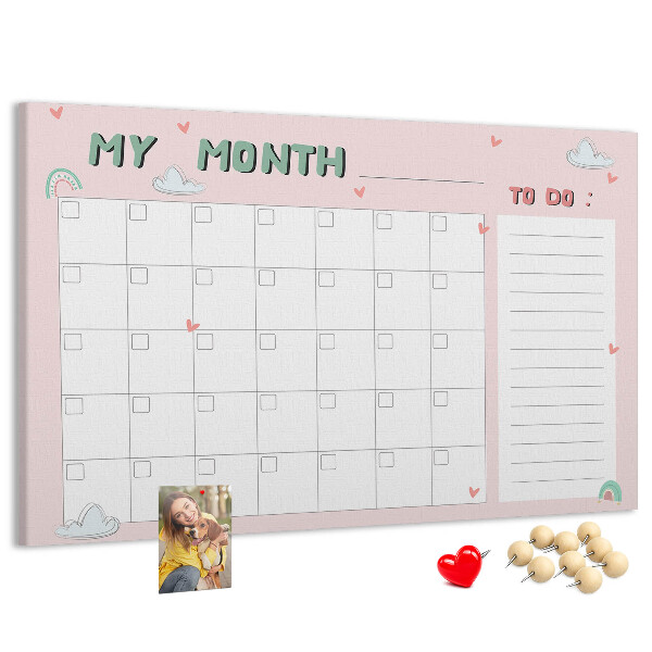 Korktafel rosa Kalender mit Wolken und Herzen