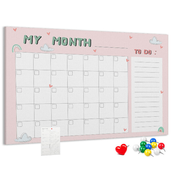 Korktafel rosa Kalender mit Wolken und Herzen