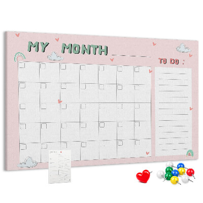 Korktafel rosa Kalender mit Wolken und Herzen